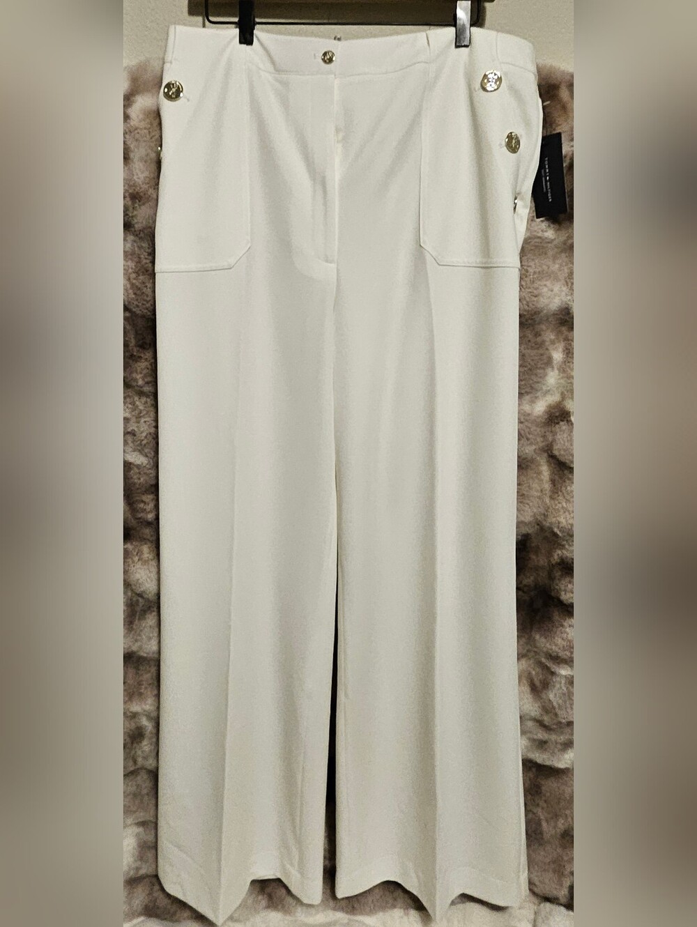 High-Rise Wide-Leg White Pants with Decorative Buttons